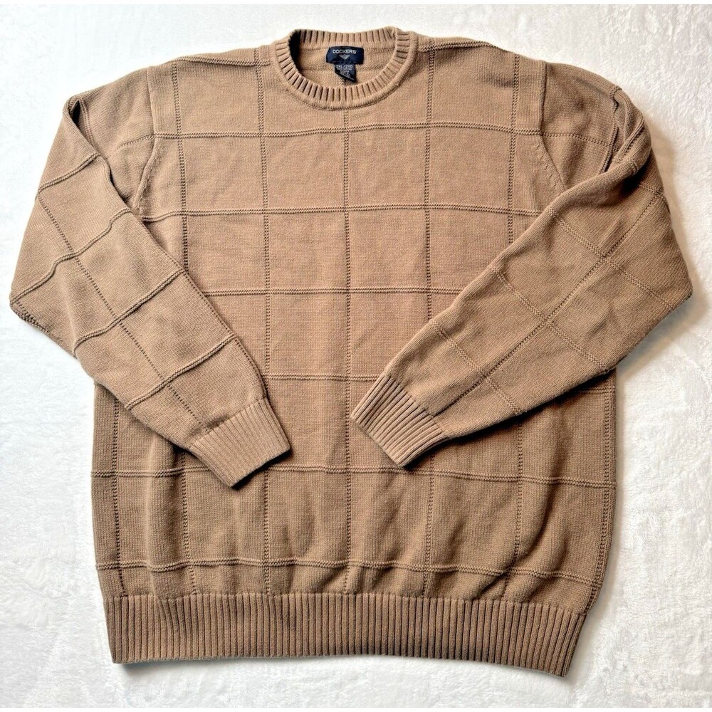Dockers Size 2XL Mens Sweater Brown Crew Neck Long Sleeve Rib Cuff And Hem